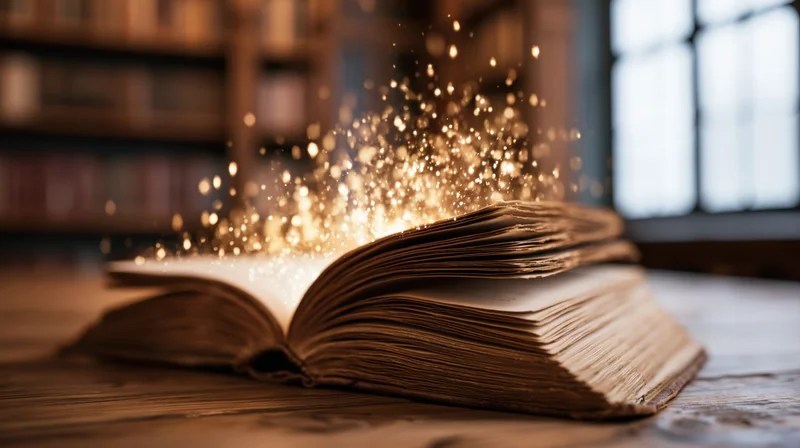 Open ancient book with glowing gold sparkles on wooden desk in library
