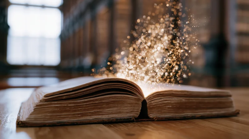 Ancient open book glowing with golden sparkles on wooden desk in library