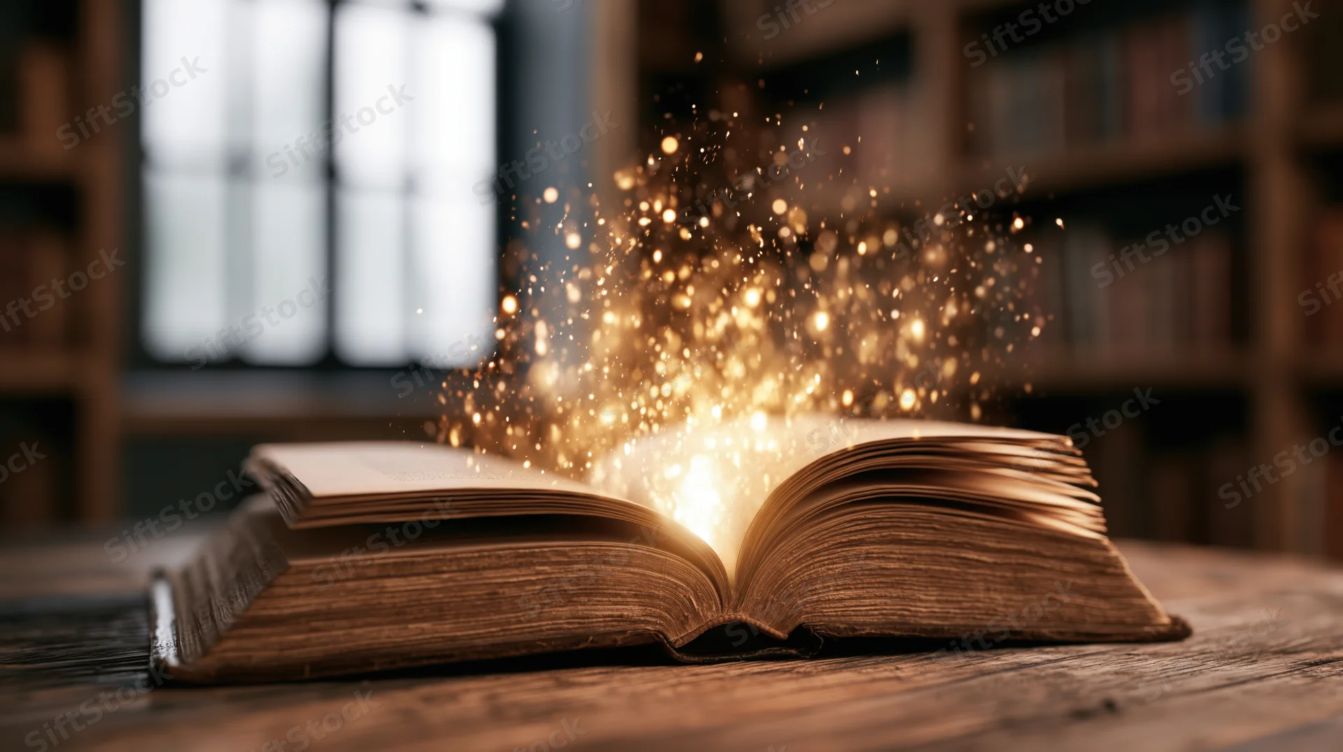 Open ancient book glowing with golden sparkles on wooden desk in library