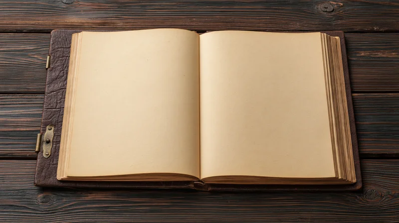 Open leather-bound book with blank yellowed pages lying flat on dark wooden surface