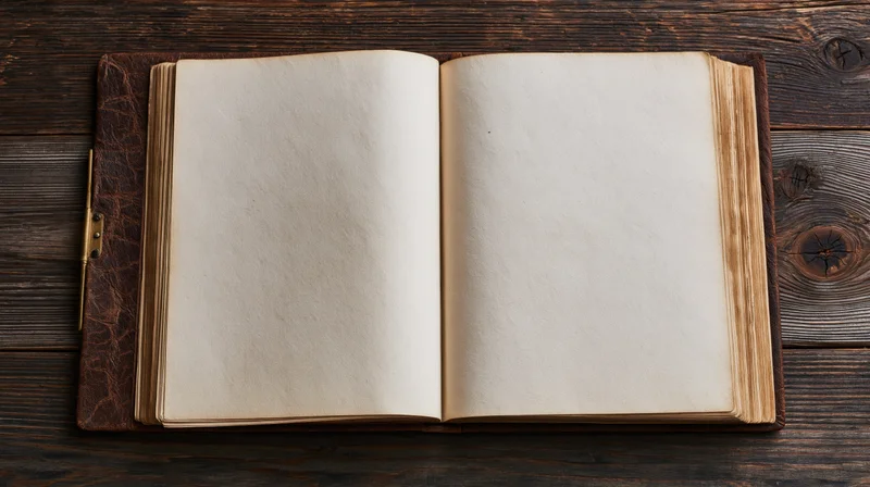 Open vintage leather-bound book with blank yellowed pages on dark wooden surface