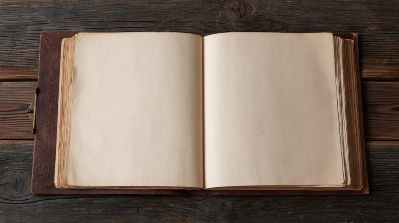 Open vintage leather-bound book with blank yellowed pages on dark wooden surface