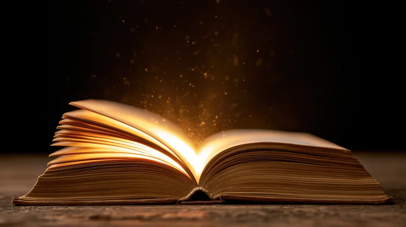 Open book glowing with golden light on wooden surface