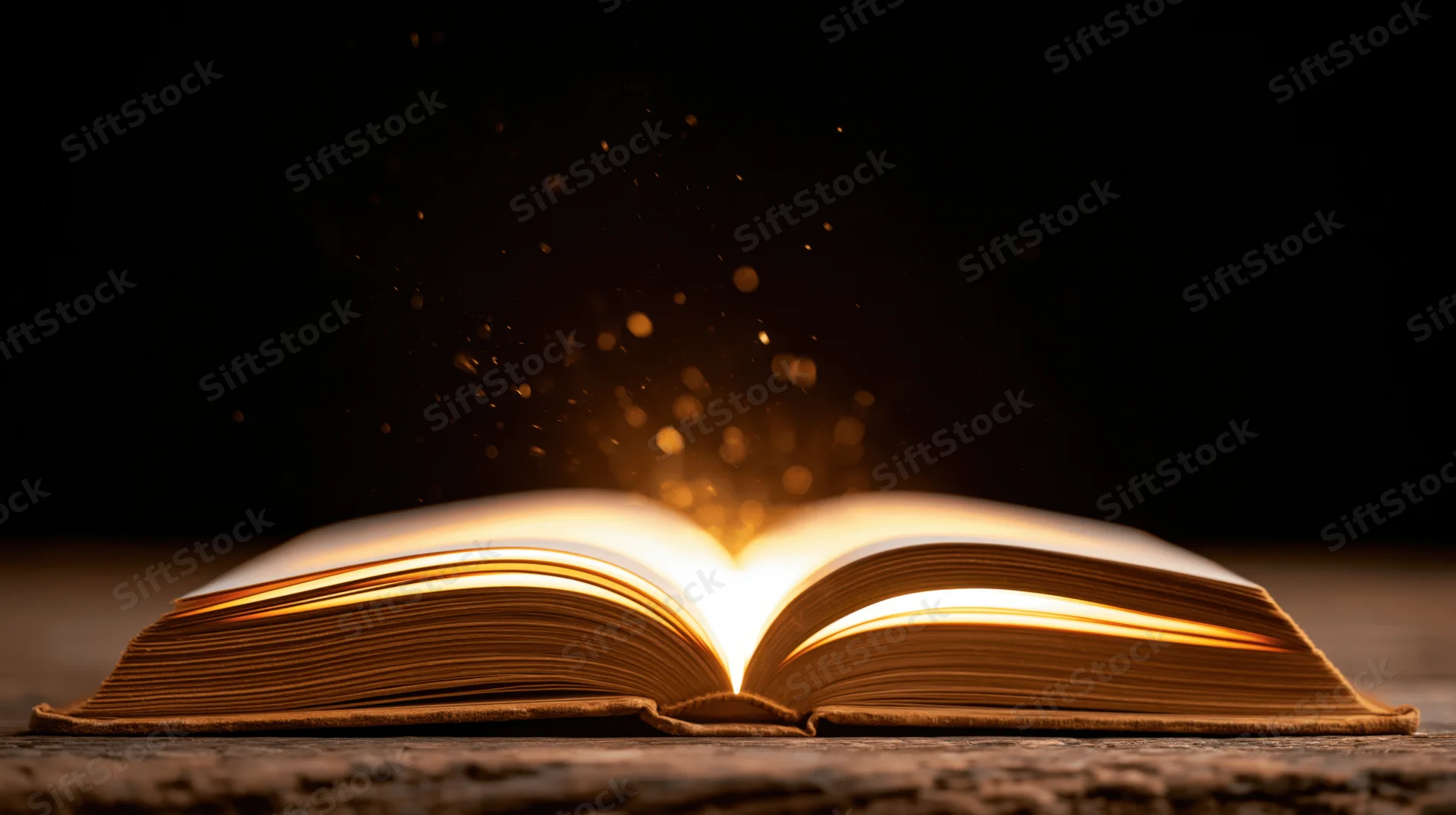 Open book glowing with golden light on wooden surface