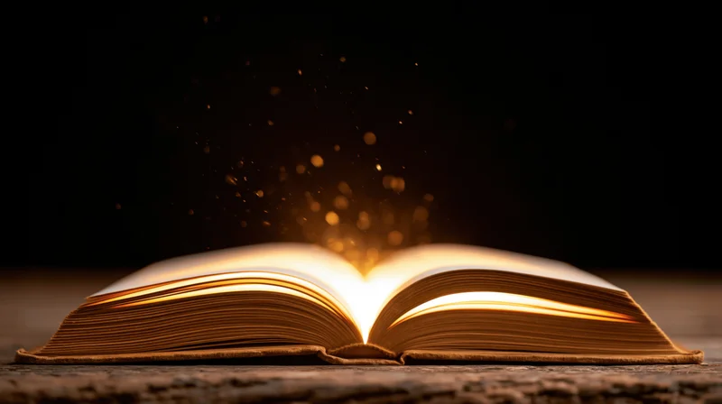 Open book glowing with golden light on wooden surface