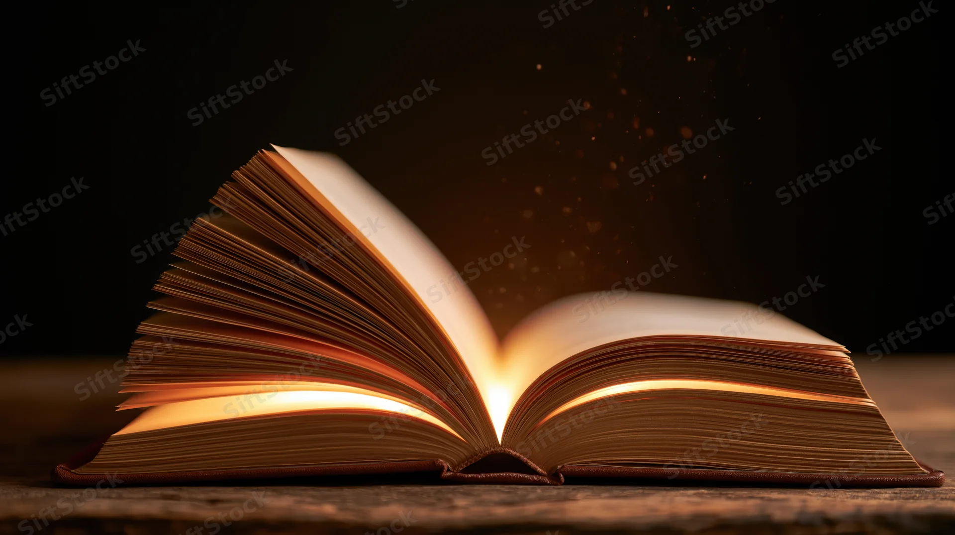 Open hardcover book glowing with light on a worn wooden surface