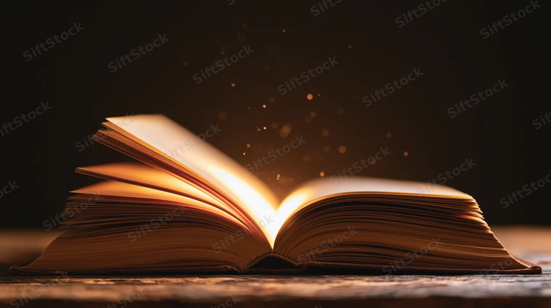 Open hardcover book glowing with magical light on wooden surface