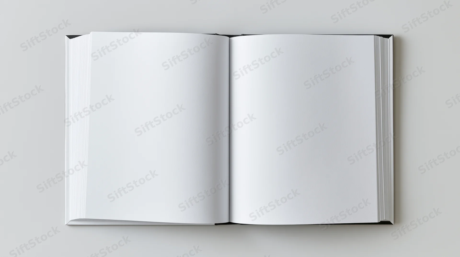 Open hardcover book with blank white pages lying flat on a neutral surface