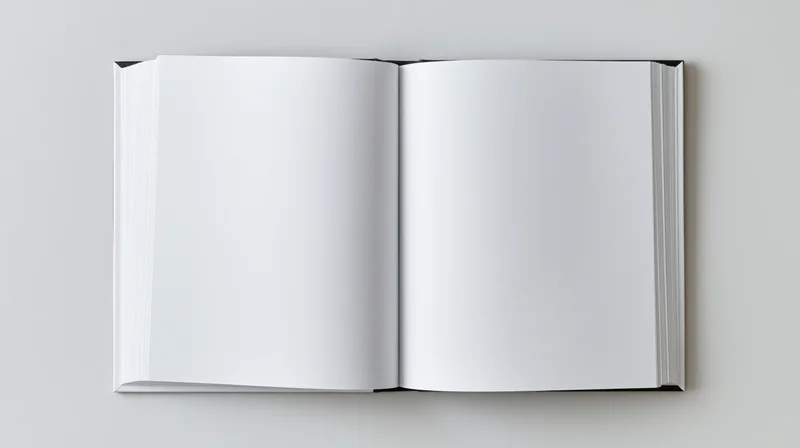 Open hardcover book with blank white pages lying flat on a neutral surface