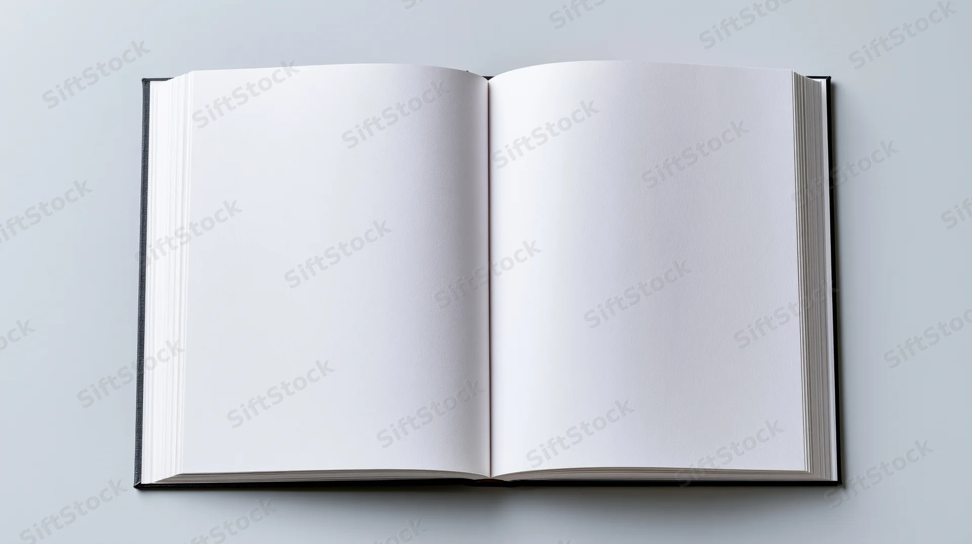 Open hardcover book with blank white pages lying flat on light surface