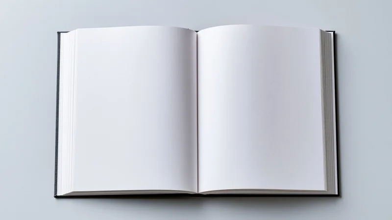 Open hardcover book with blank white pages lying flat on light surface