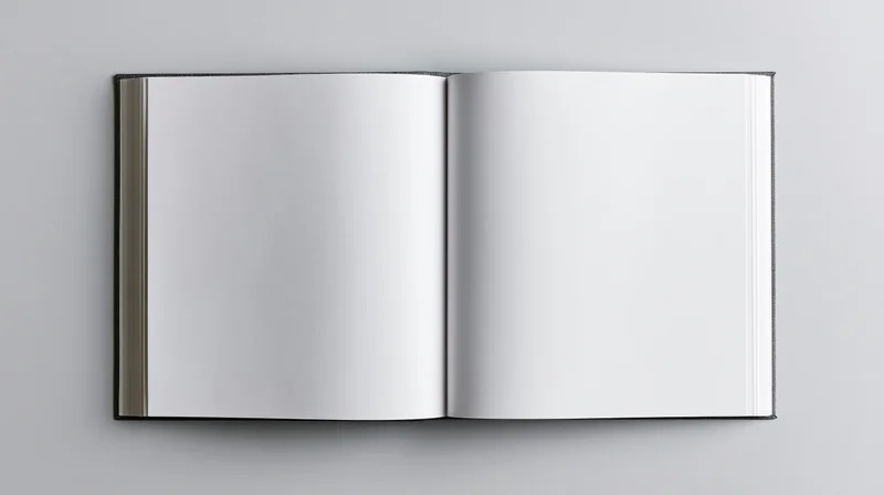 Open hardcover book with blank white pages lying flat on a gray surface