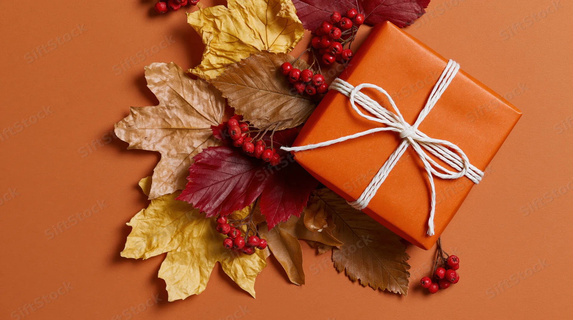 Orange gift box tied with white twine bow surrounded by autumn leaves and red berries on warm orange background
