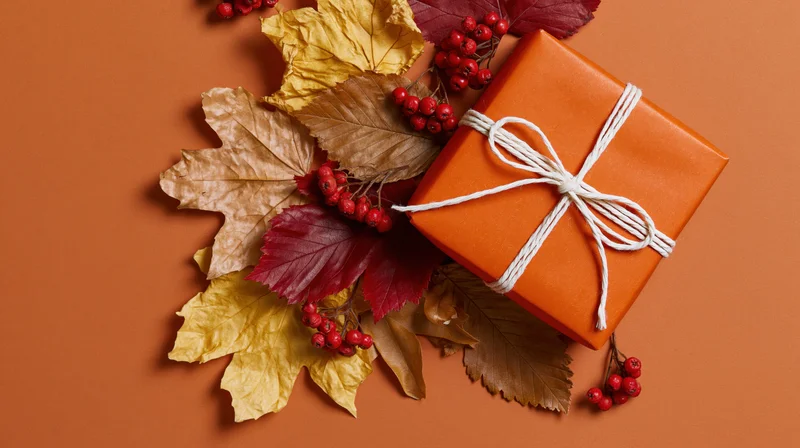 Orange gift box tied with white twine bow surrounded by autumn leaves and red berries on warm orange background