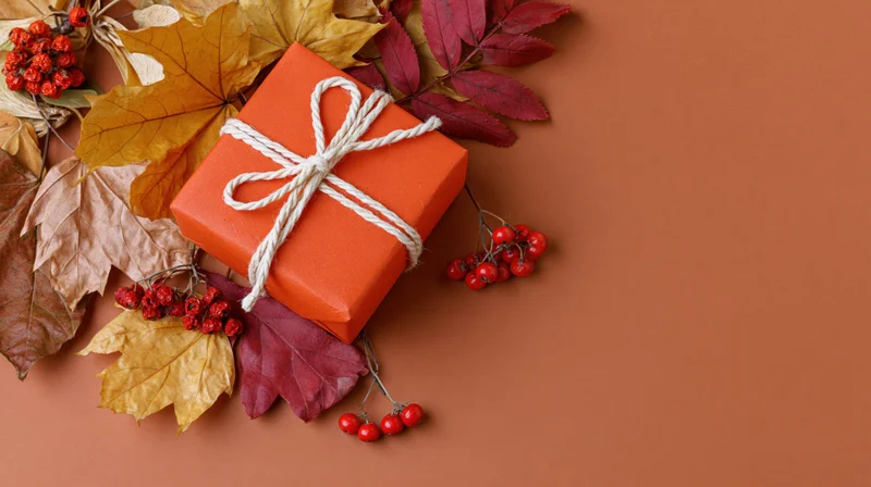 Orange gift box tied with white twine bow surrounded by autumn leaves and red berries on terracotta background