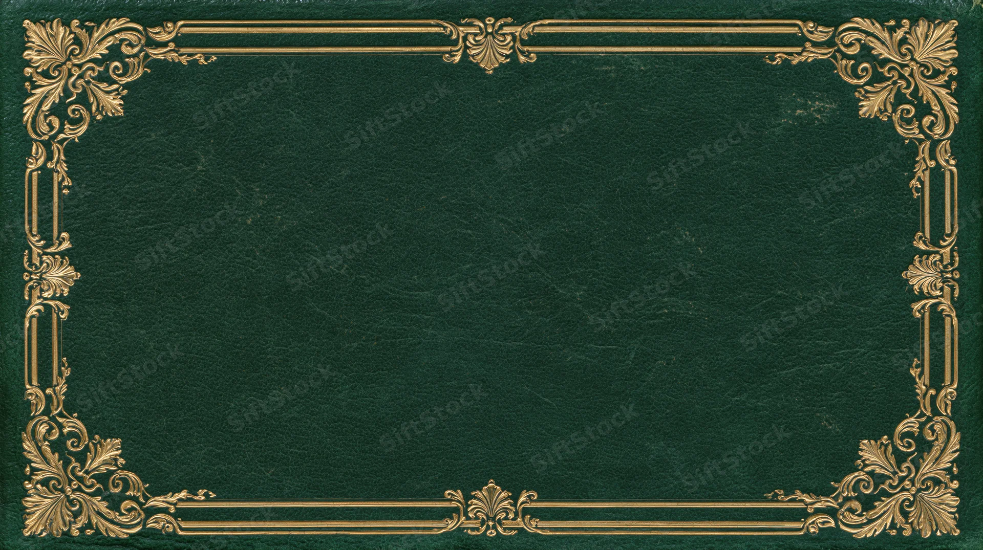 Antique book cover with ornate gold frame on deep green leather background
