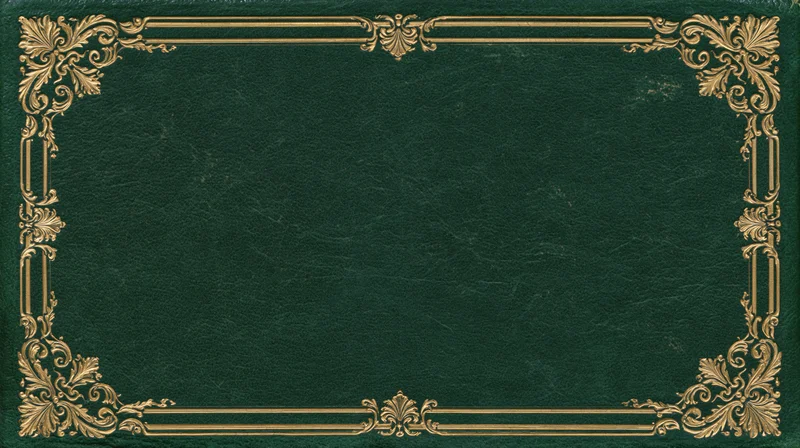 Antique book cover with ornate gold frame on deep green leather background