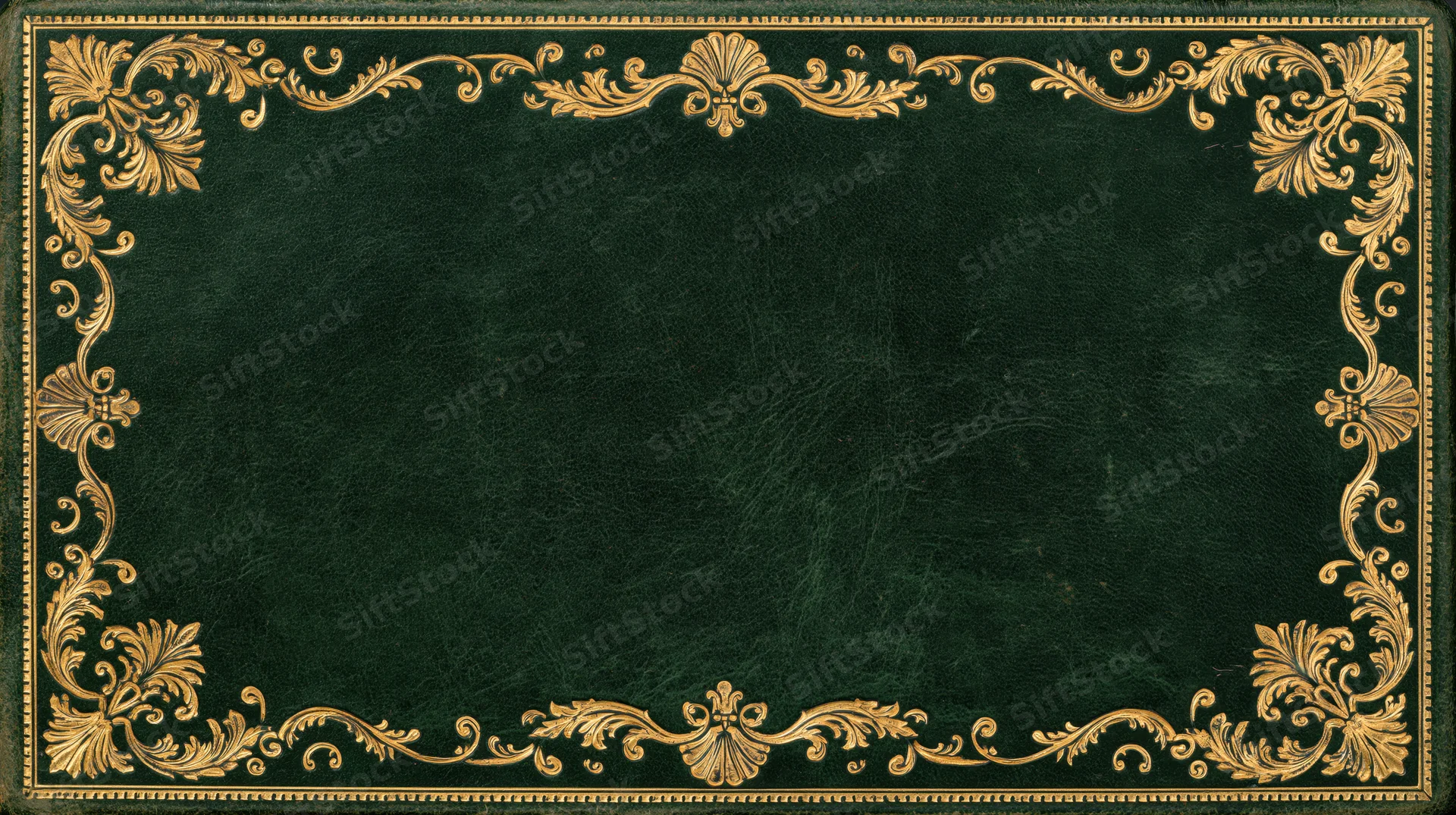 Antique book cover with ornate gold filigree border on deep green leather surface