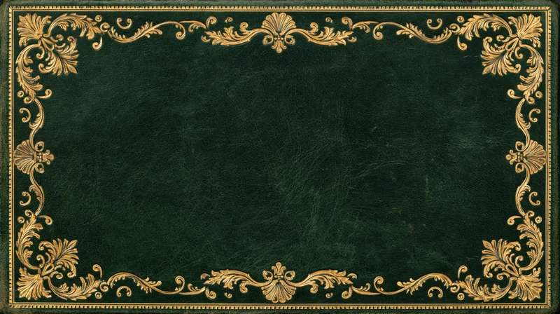 Antique book cover with ornate gold filigree border on deep green leather surface