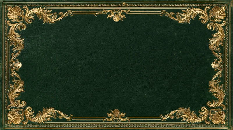 Antique book cover with ornate gold embossed border on deep green leather surface