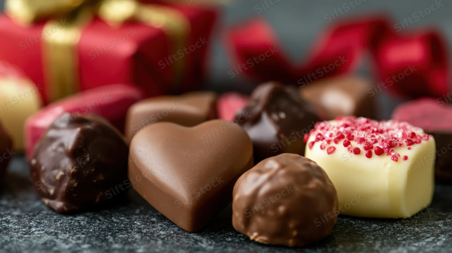 Assorted valentine's day chocolates including heart-shaped and sprinkled pieces arranged on dark surface with gift boxes in background
