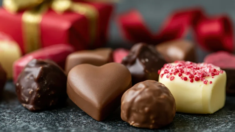 Assorted valentine's day chocolates including heart-shaped and sprinkled pieces arranged on dark surface with gift boxes in background