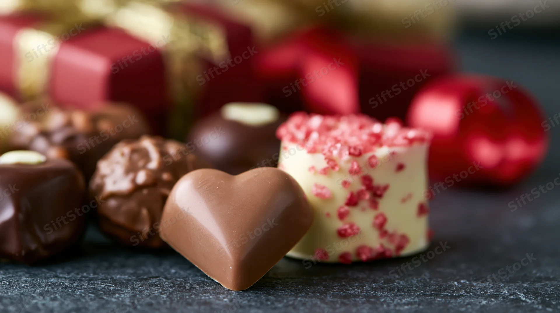 Heart-shaped chocolate and assorted candies arranged on dark surface with gift boxes in background