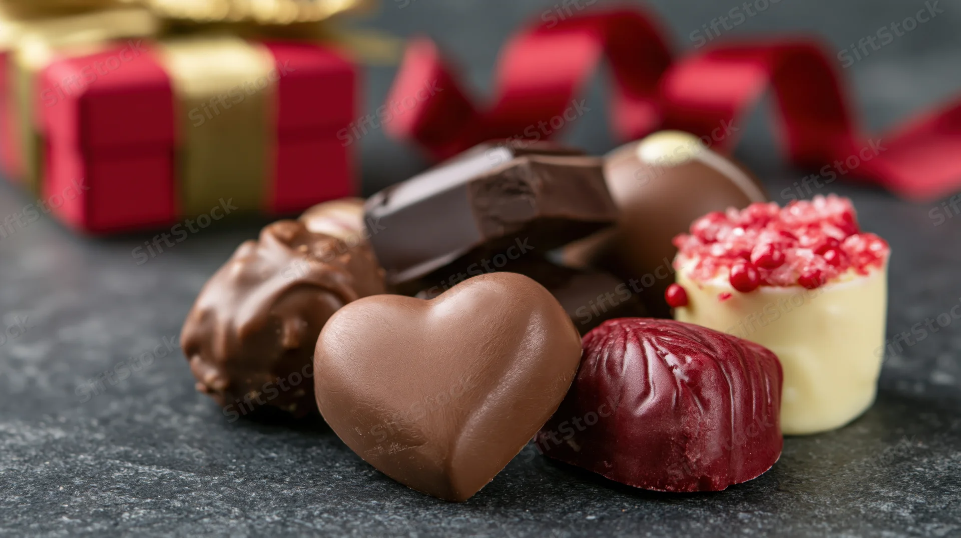 Assorted chocolates including heart-shaped and fruit-topped pieces arranged on dark surface with gift box and red ribbon in background