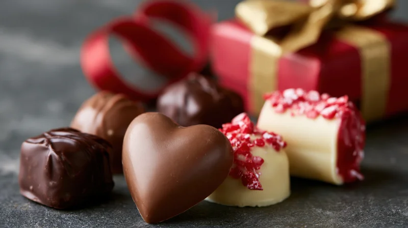 Heart-shaped chocolate and assorted candies arranged on dark surface with gift box and ribbon in background