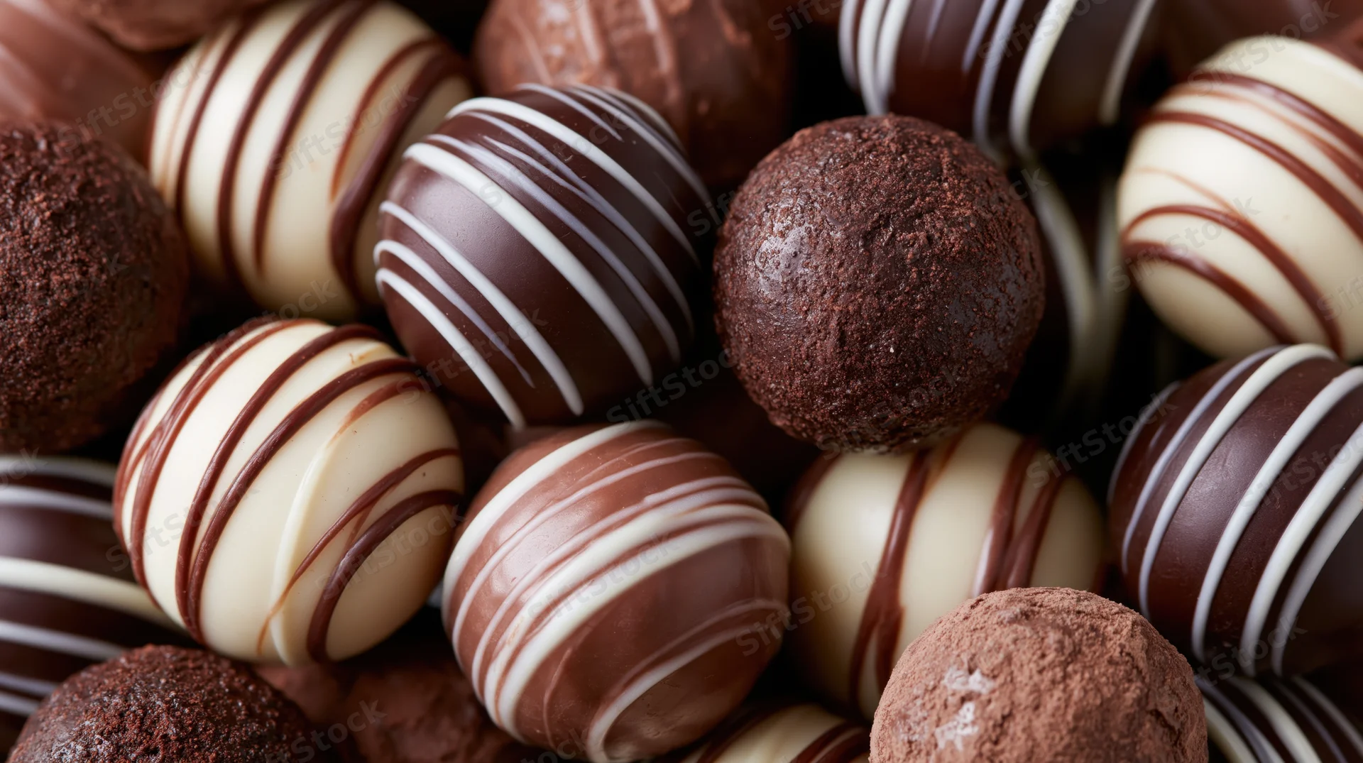 Assorted chocolate truffles and bonbons piled closely together, some coated in cocoa powder and others with white chocolate drizzle