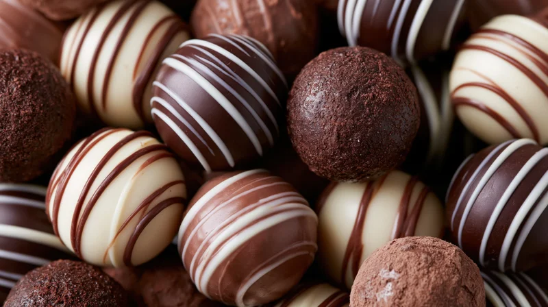 Assorted chocolate truffles and bonbons piled closely together, some coated in cocoa powder and others with white chocolate drizzle