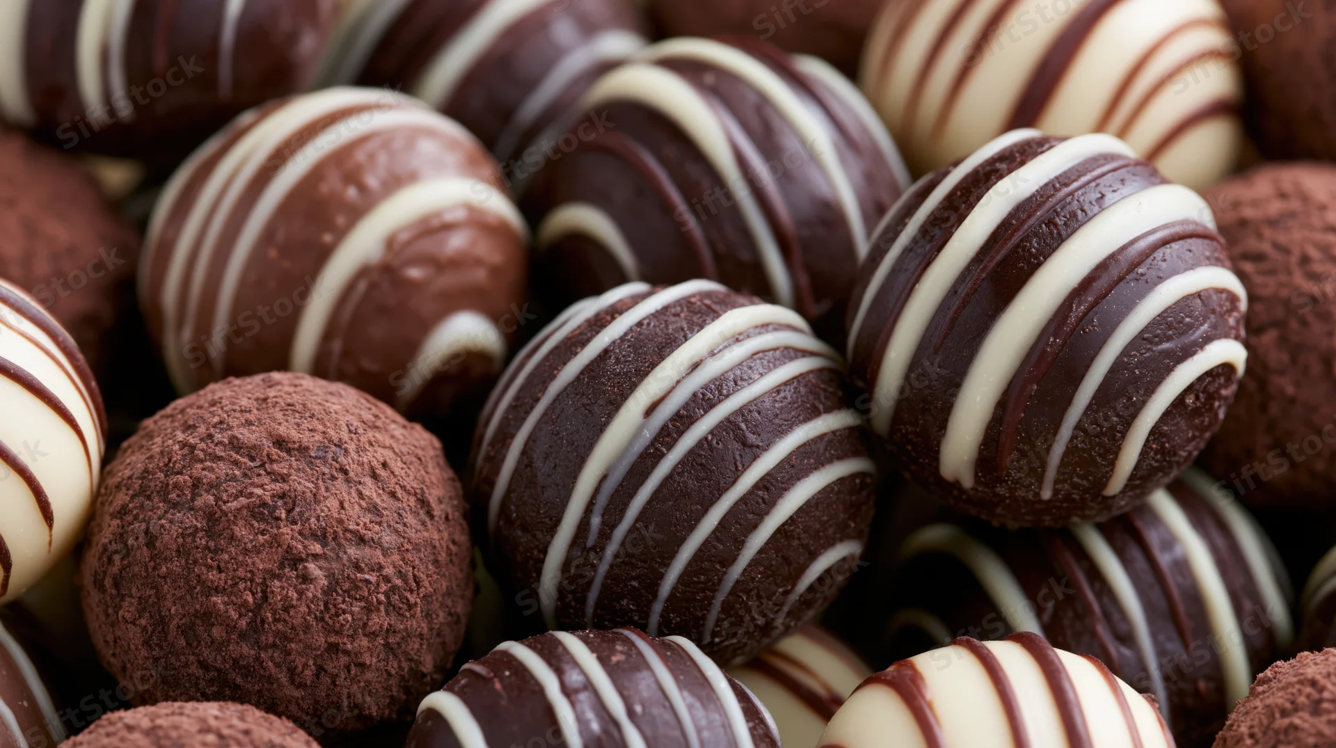 Close-up of assorted chocolate truffles and bonbons with white chocolate drizzle and cocoa powder coating, tightly packed