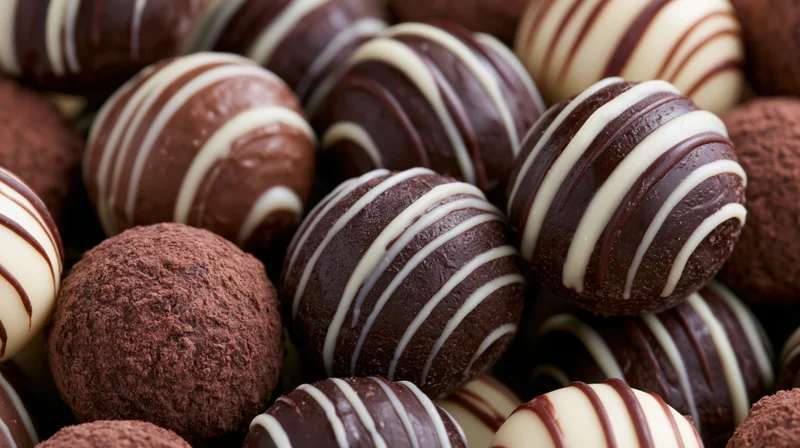 Close-up of assorted chocolate truffles and bonbons with white chocolate drizzle and cocoa powder coating, tightly packed