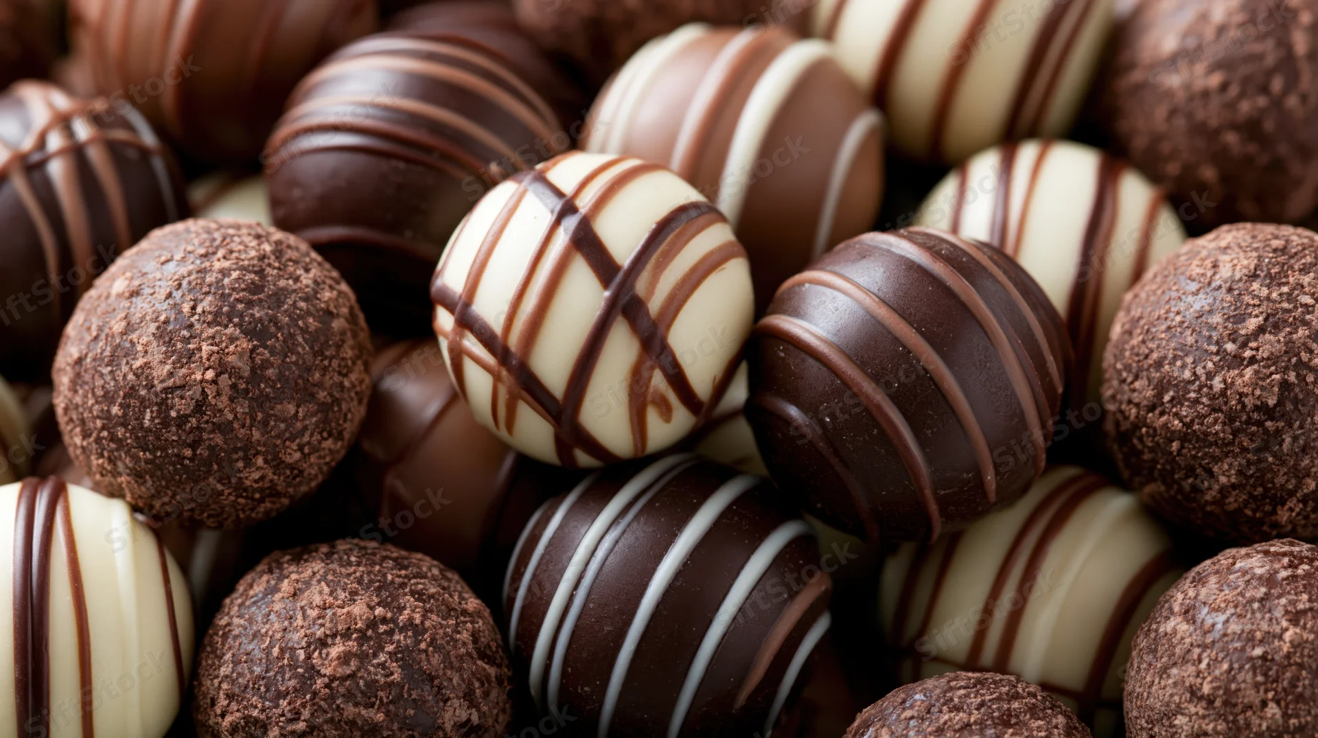 Assorted chocolate truffles and bonbons in close-up, some with white chocolate drizzle and cocoa powder coating, tightly packed