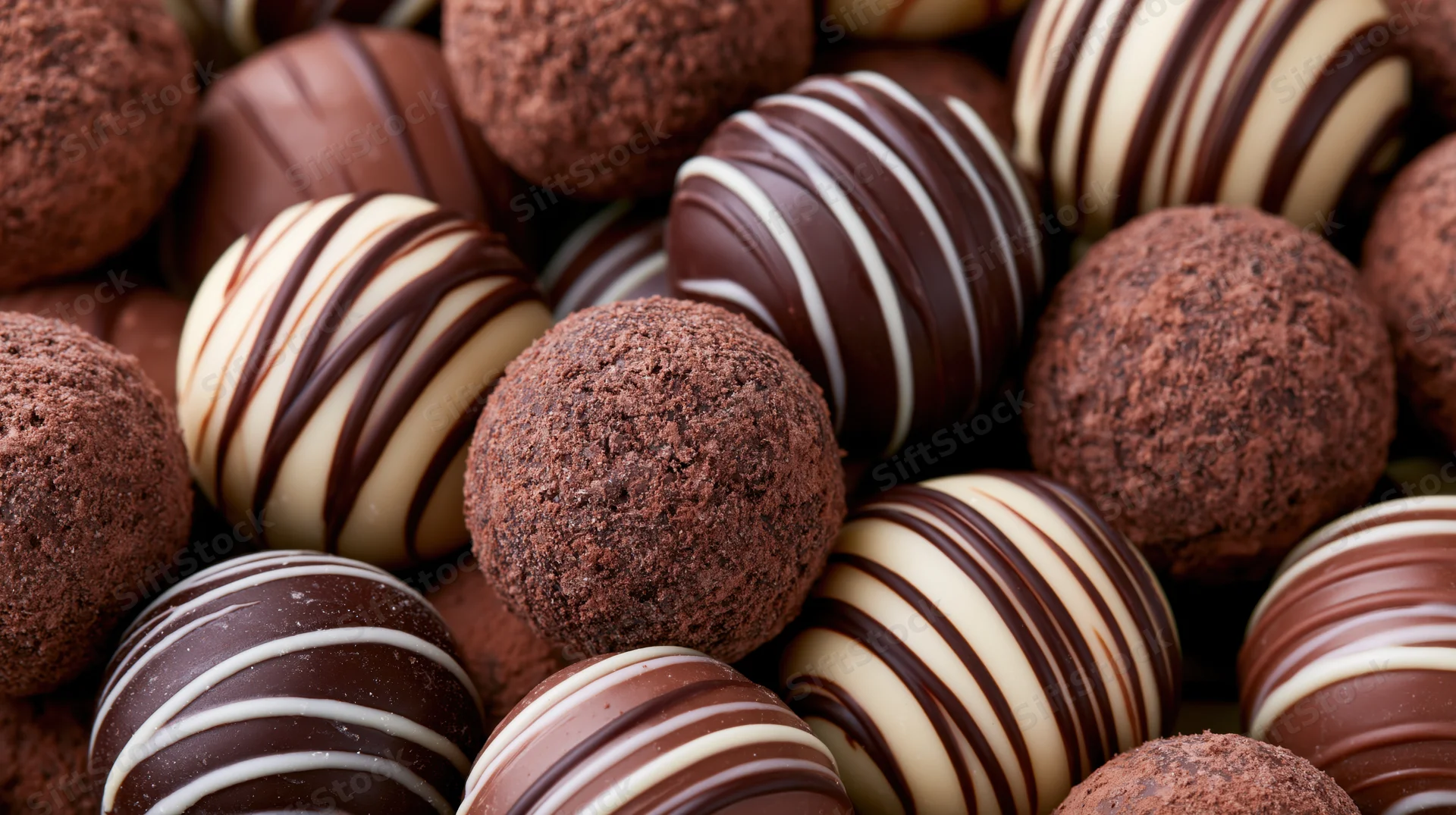 Assorted chocolate truffles and bonbons tightly packed in a close-up view