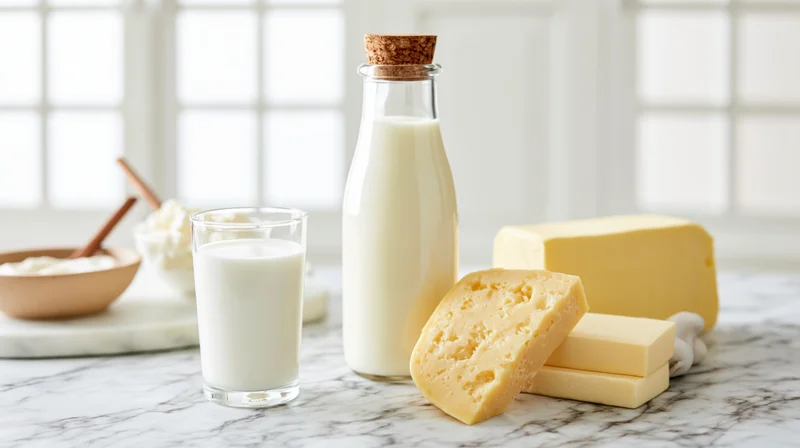 Assorted dairy products including milk, cheese, butter and yogurt arranged on a marble kitchen counter