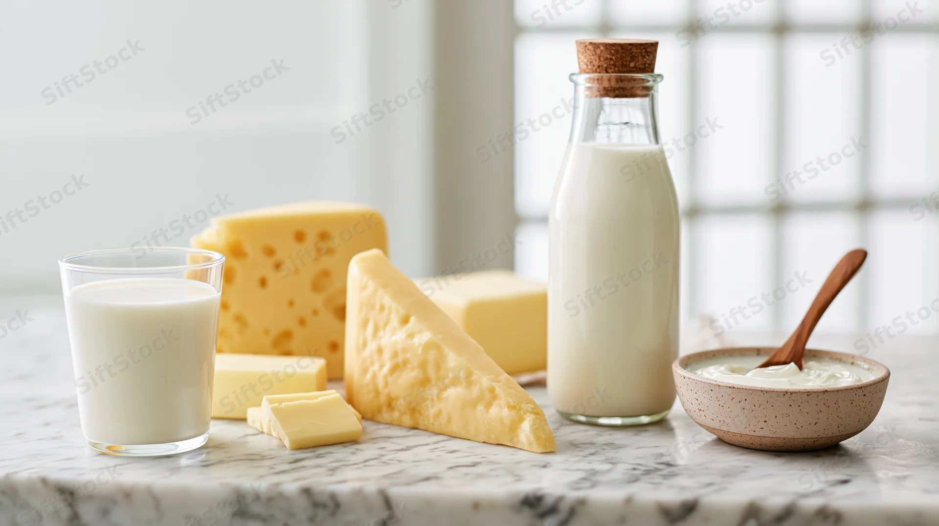 Assorted dairy products including milk, cheese, butter and yogurt arranged on a marble kitchen counter
