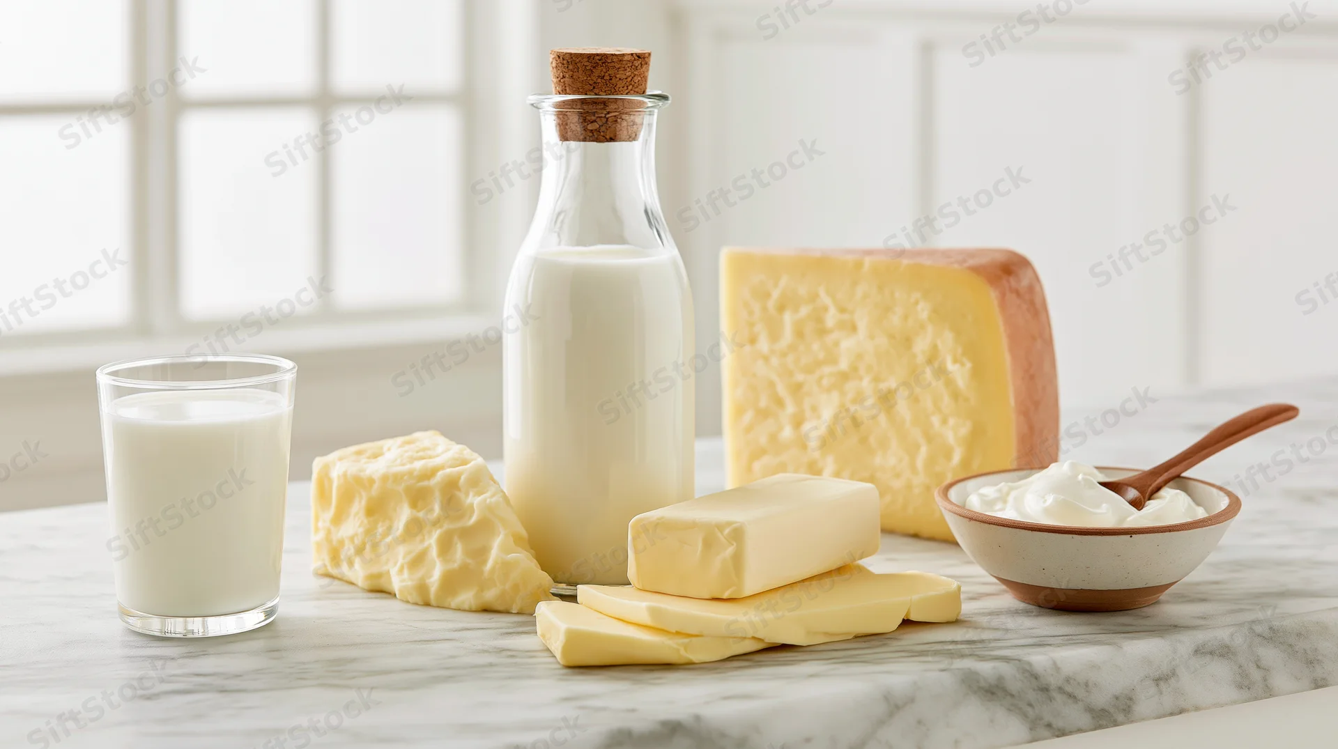 Assorted dairy products arranged on a marble kitchen counter