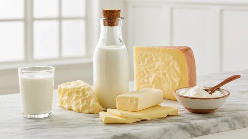 Assorted dairy products arranged on a marble kitchen counter