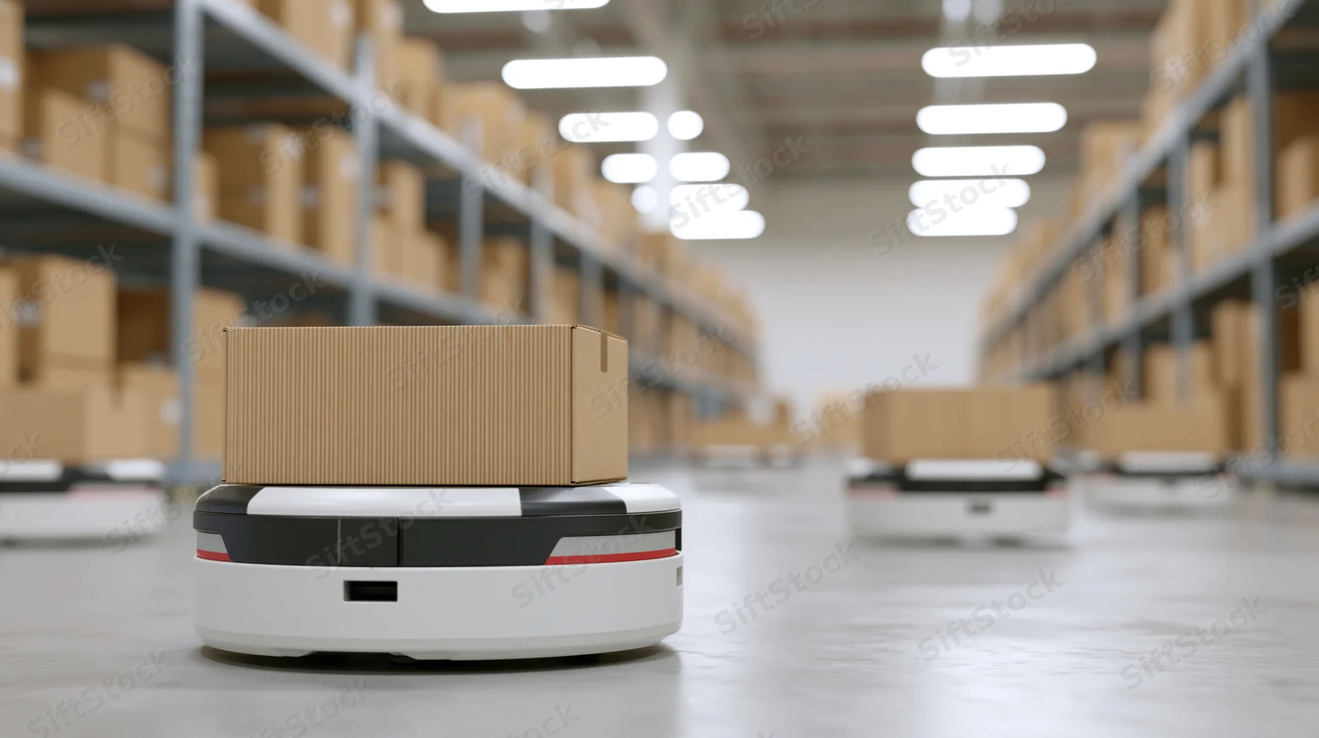Autonomous mobile robot carrying cardboard box in warehouse aisle