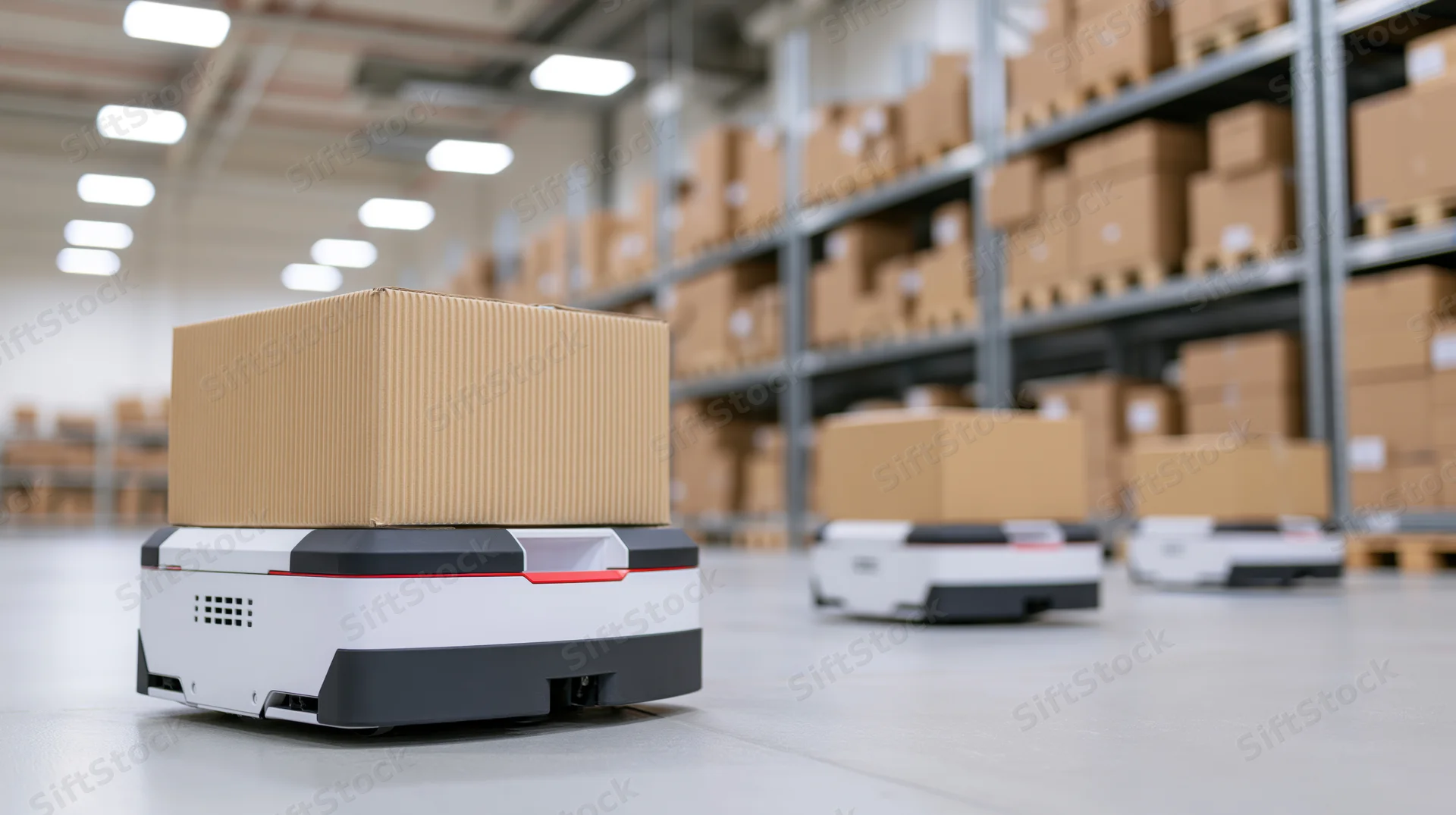 Autonomous mobile robots carrying cardboard boxes in a warehouse