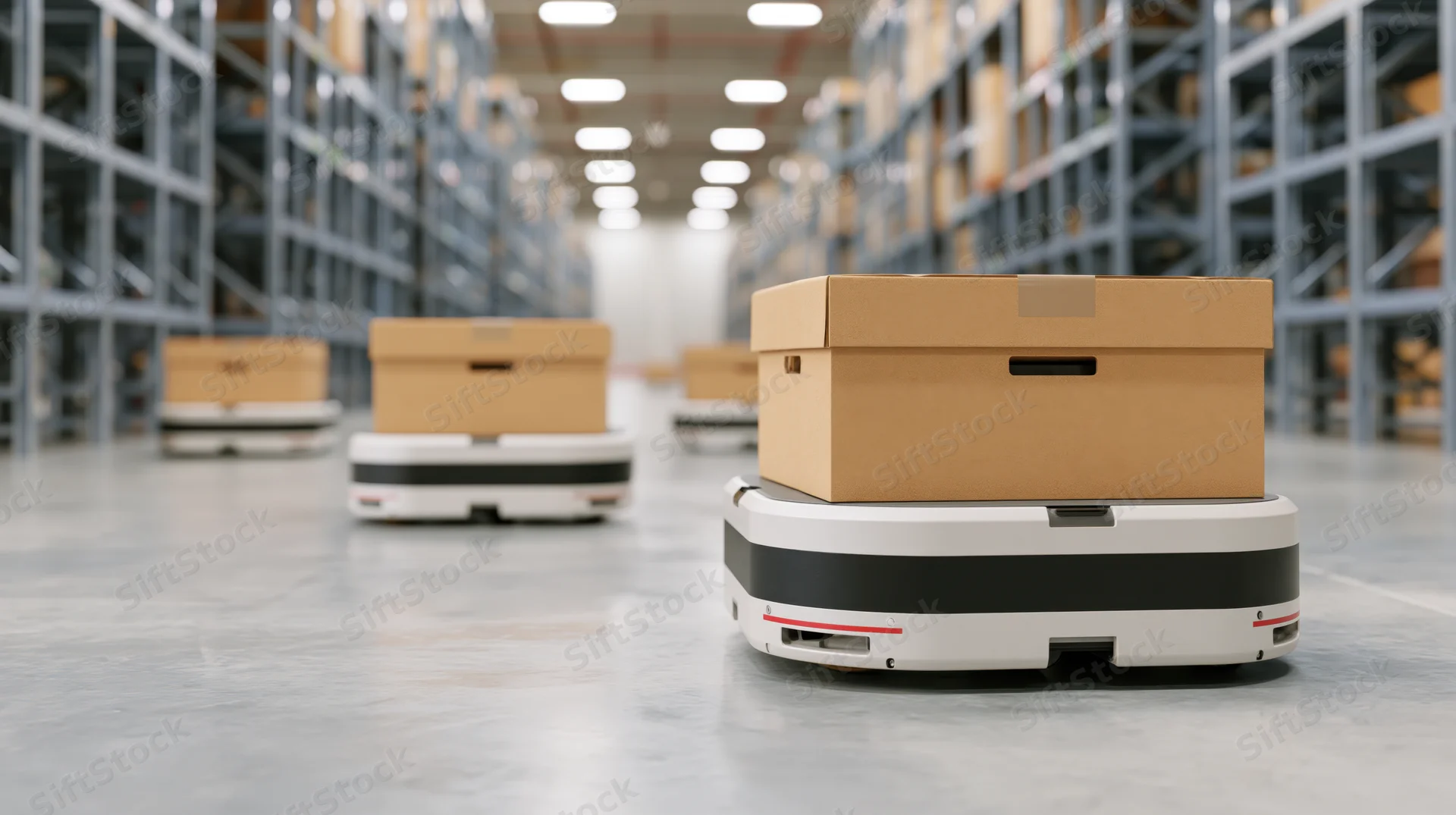 Autonomous robots carrying cardboard boxes through warehouse aisles
