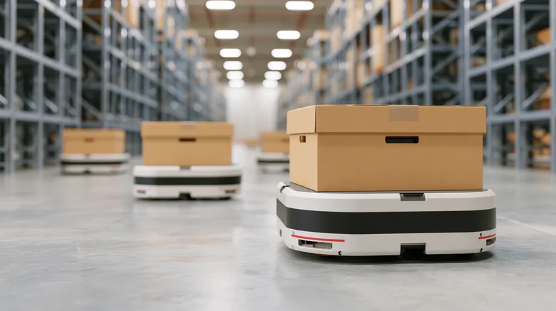 Autonomous robots carrying cardboard boxes through warehouse aisles