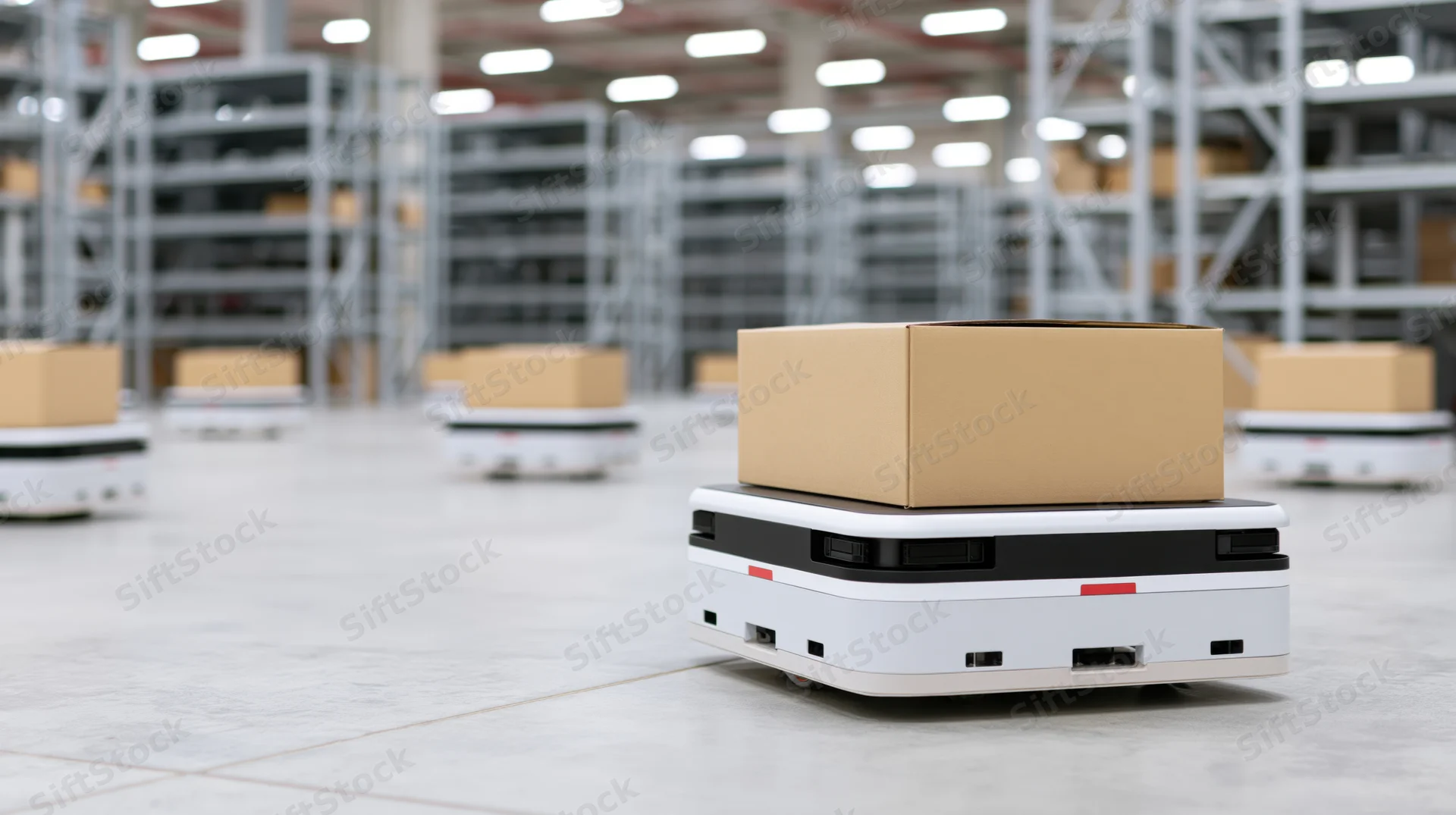 Autonomous mobile robots carrying cardboard boxes in a warehouse