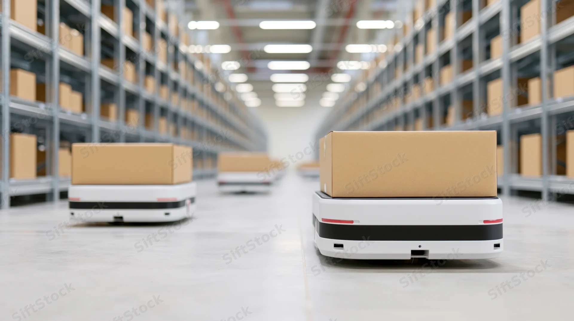 Autonomous robots carrying cardboard boxes along warehouse aisles between metal shelving units