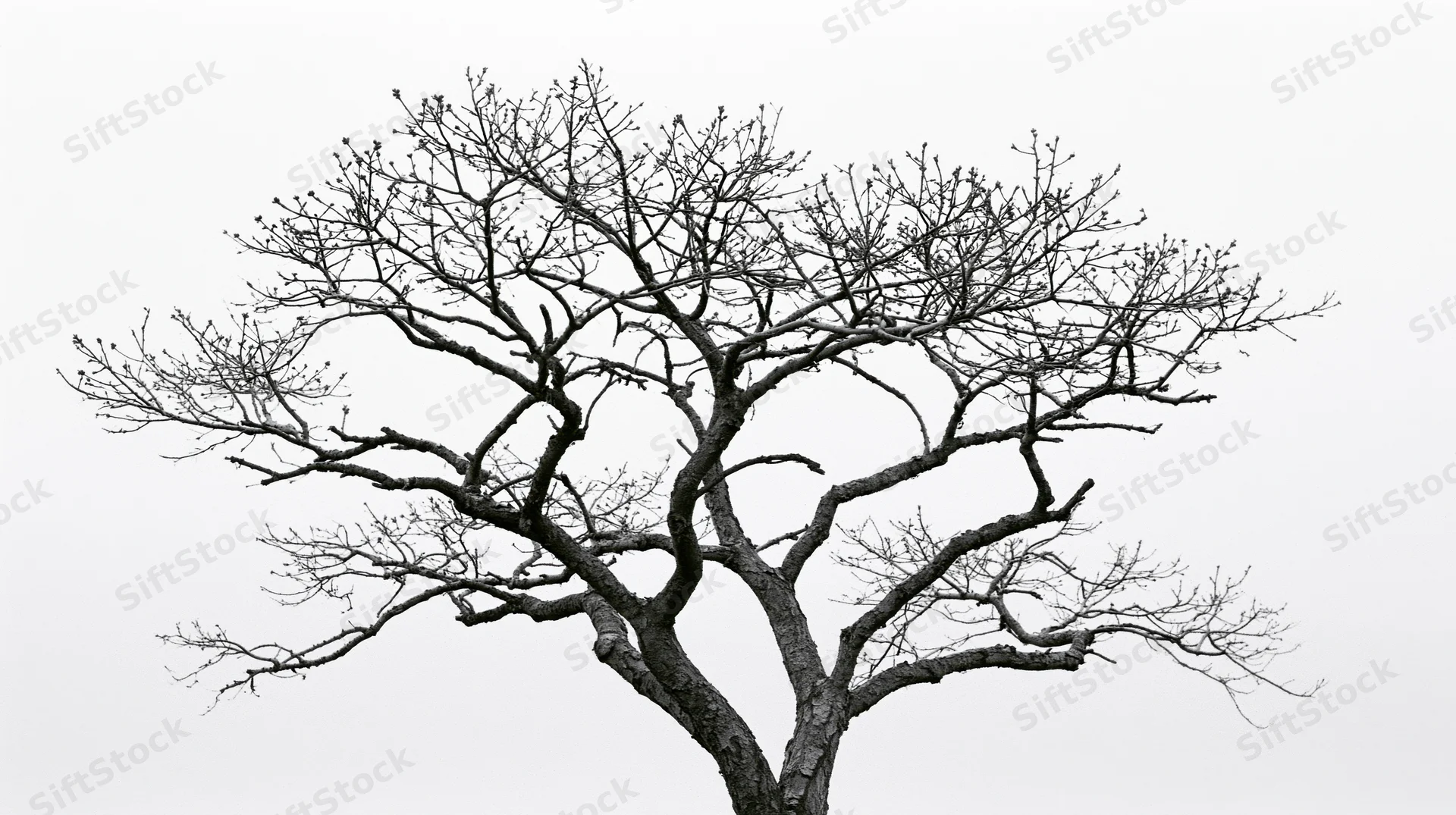 Bare deciduous tree with sparse buds against overcast sky