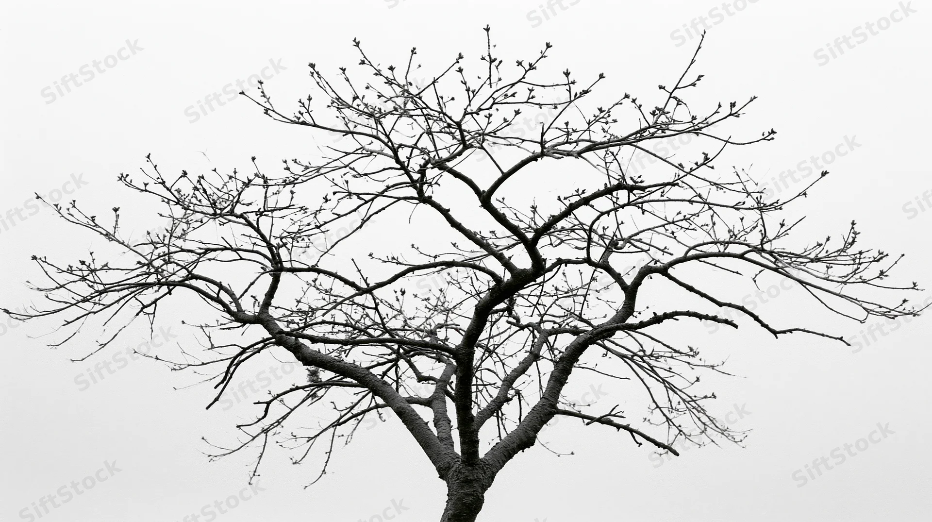 Bare deciduous tree with sparse buds against overcast sky