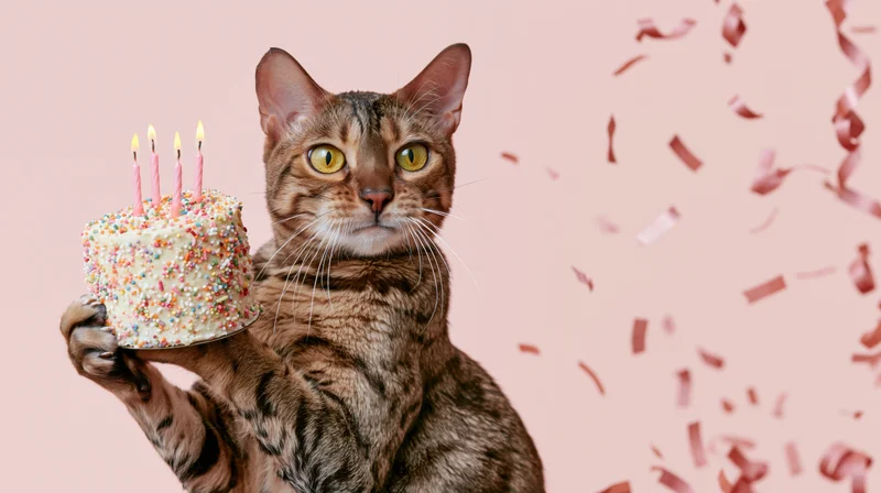 Bengal cat holding a small decorated birthday cake with lit candles against a pink background with falling confetti