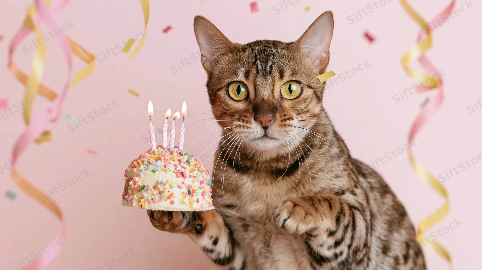 Bengal cat holding a small decorated birthday cake with lit candles amidst confetti and streamers on a pink background