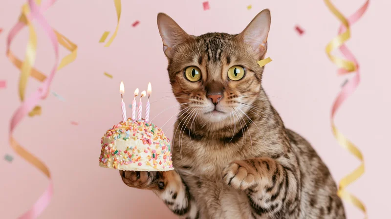 Bengal cat holding a small decorated birthday cake with lit candles amidst confetti and streamers on a pink background